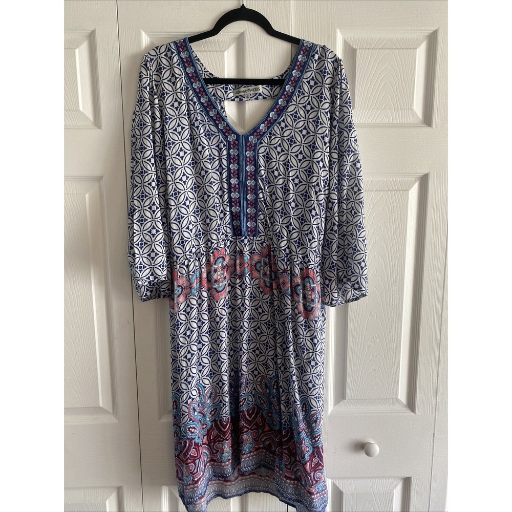 Almost‎ Famous Boho Paisley Embroidered Dress Womens Size 3X Blue White Lagen